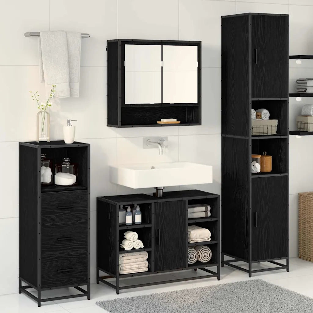 Set di mobili per il Bagno | Armadio da bagno 3 pz Rovere Nero Legno multistrato