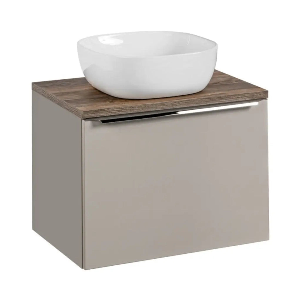 Set da bagno VANTA color tortora: mobile sotto lavabo 60cm + piano lavabo + lavabo bianco da appoggio