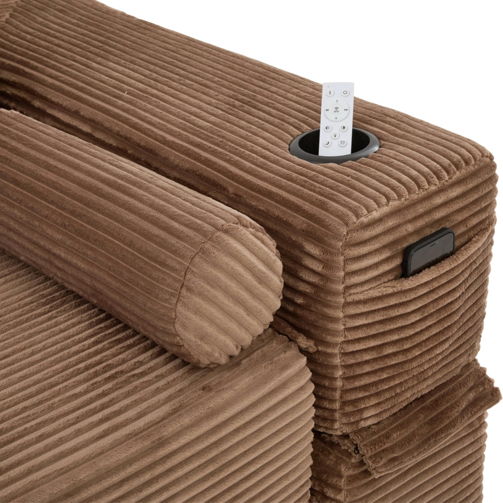 Divano letto modulare con cuscini memory, tasche laterali e portabicchieri in velluto a coste marrone per casa