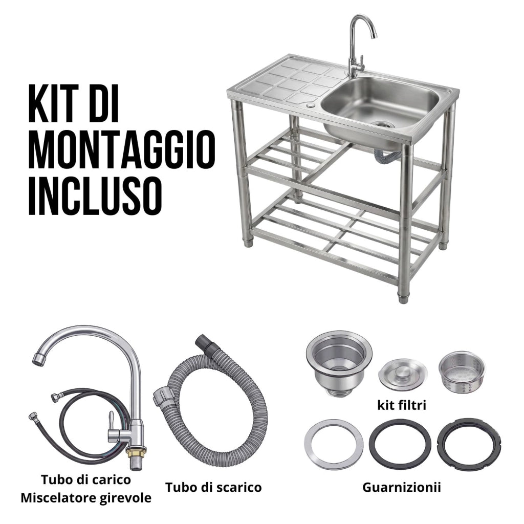Lavandino in Acciaio Inox Autoportante con Rubinetto e 2 Ripiani – Lavello 1 Vasca con Gocciolatoio Reversibile da Cuc