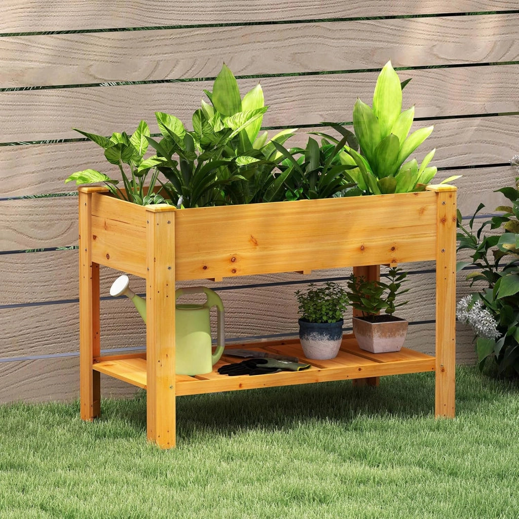 Letto per Orto Rialzato da Esterno in Legno di Abete, Fioriera Rialzata con Fori di Drenaggio e Ripiano Inferiore, Letto per Piante Urbano da Giardino e Patio, 120 x 60 x 82 cm (Arancione)