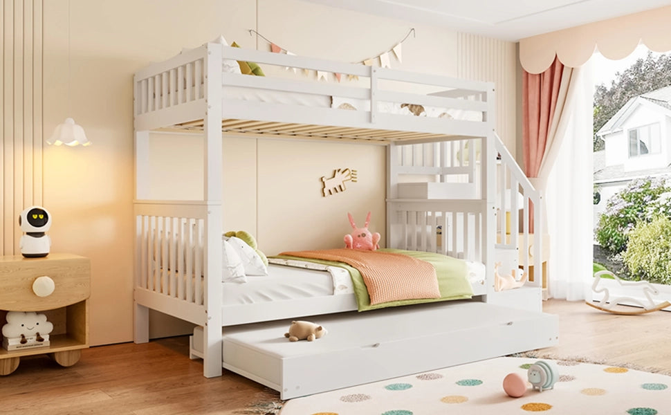 DESMIU Letto a castello 1 posto 90 × 200 cm con ripiani a scala, letto estraibile, senza materasso, bianco