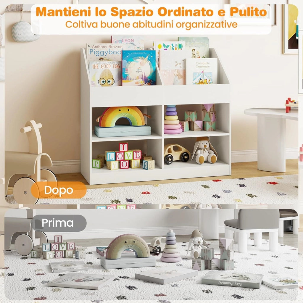 Libreria Montessoriana Porta Libri per Bambini, Scaffale Multifunzione con 4 Cubi e 4 Scomparti, Anti-ribaltamento, Salvaspazio per Cameretta e Stanza dei Giochi, 90x34x80 cm (Bianco)