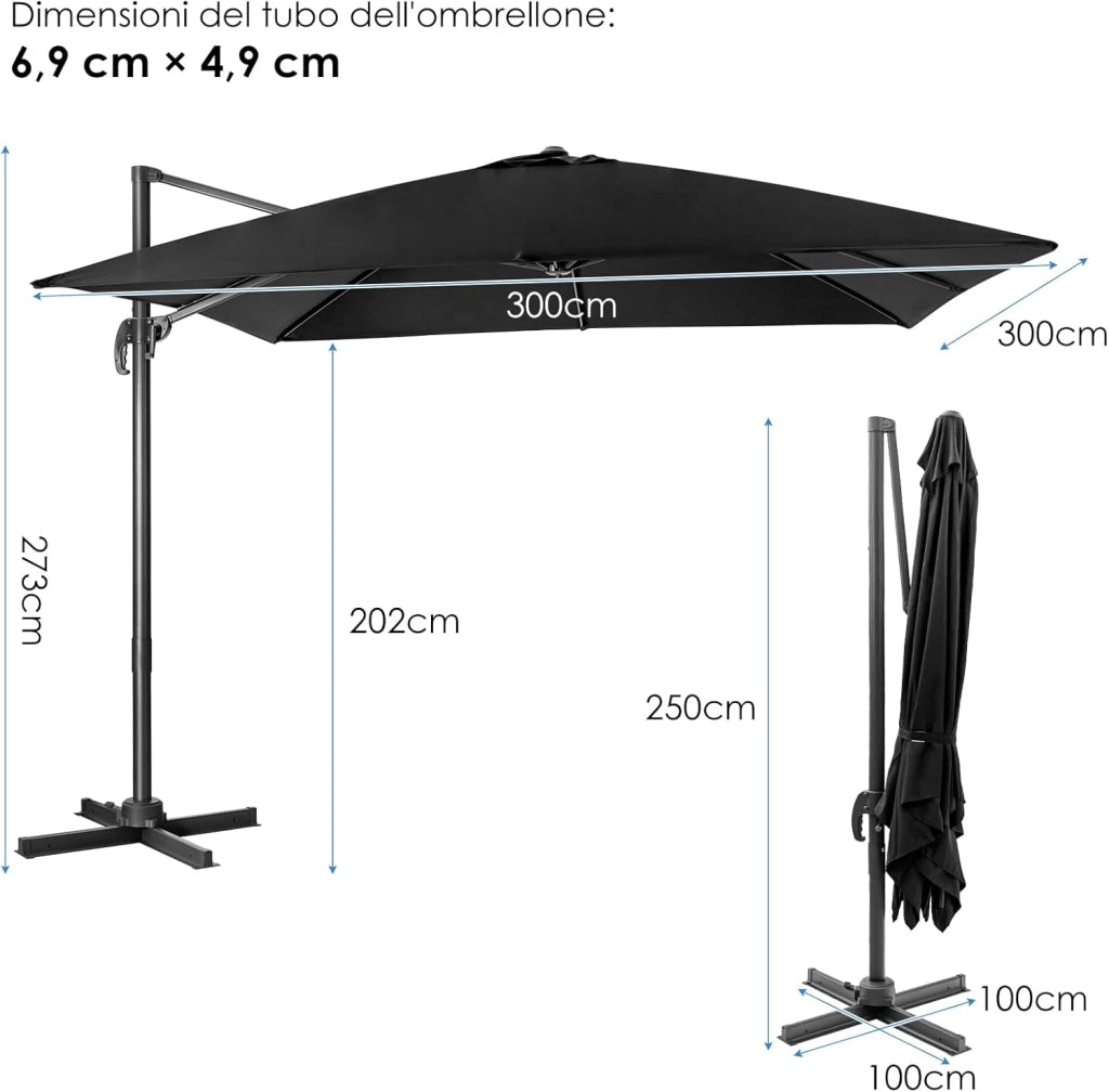 Ombrellone da Giardino 3 x 3 m, Ombrellone Pieghevole da Esterno con 3 Inclinazioni, Rotazione a 360°, Manovella, 8 Stecche, Base Incrociata, Angolo Regolabile, per Giardino, Balcone (Nero)