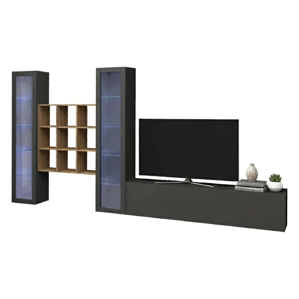 Mobile Soggiorno Atella, Parete Attrezzata 18 Ripiani Made in Italy, 350x30x180h cm Nero Antracite