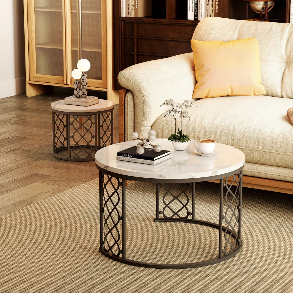 Set di 2 Tavolini da Salotto con Effetto Marmo, Struttura in Metallo, Design Nesting