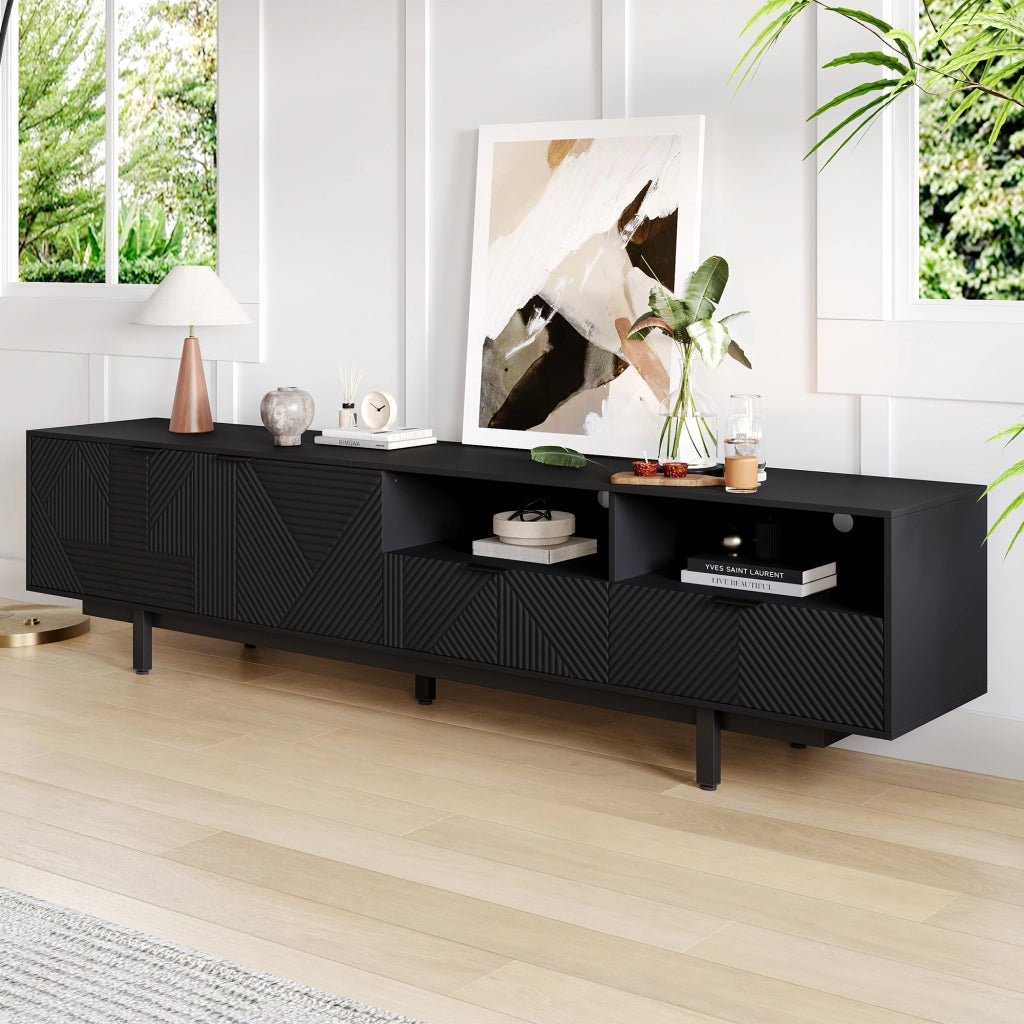 Mobile TV con 2 ante; vani aperti e passacavi - per soggiorno - 200×40×51 cm - nero