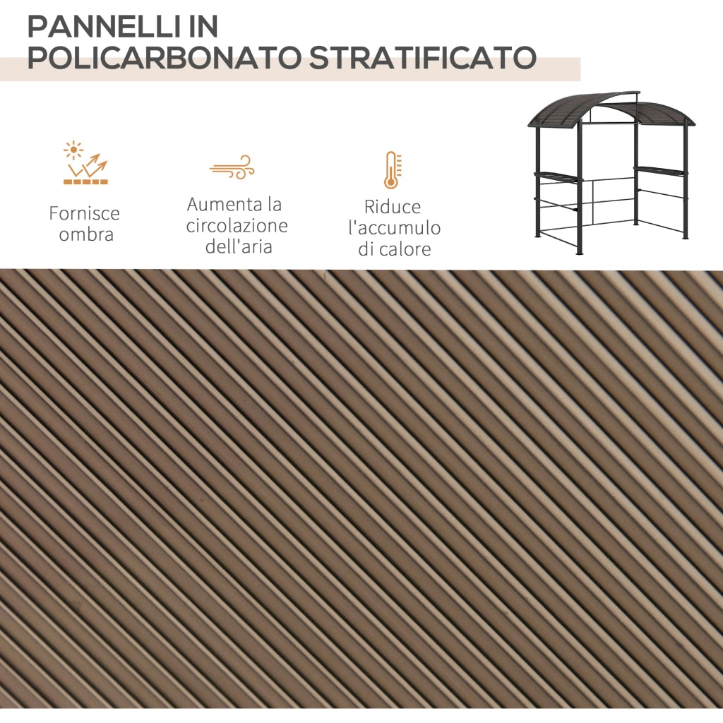 Gazebo per Barbecue con Tetto e 2 Ripiani Portaoggetti, in Metallo e PC, 240x150x230cm, Grigio Scuro