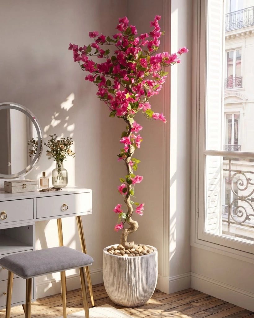 Pianta Artificiale in Vaso Nero con Bouganville Rosa in Plastica 180 cm per Decorazione d’Interni