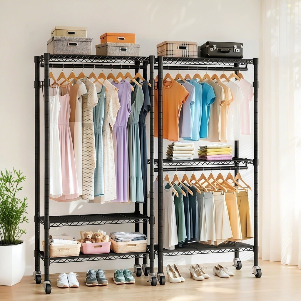 PORTAABITI con ruote, 3 ripiani, 2 aste e 2 ganci, nero, 93x46x11 cm