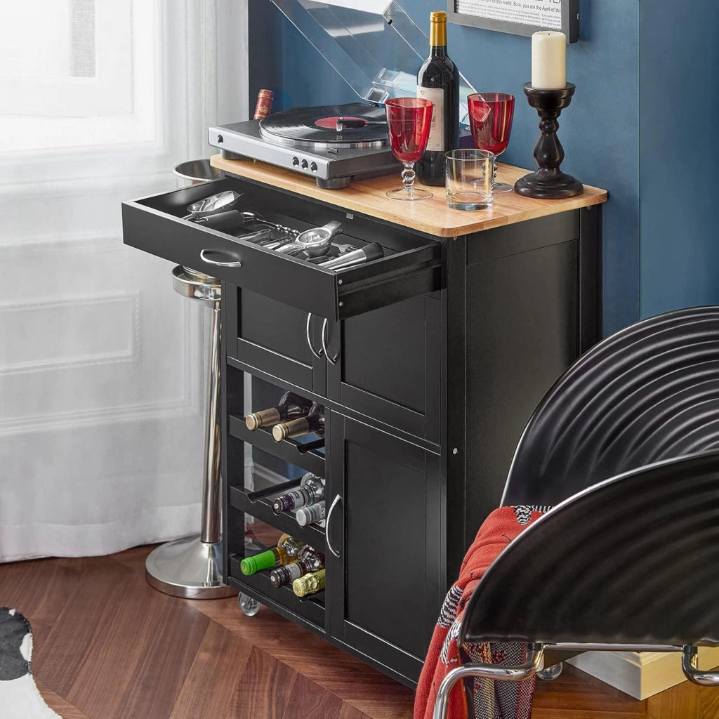 Mobile Cucina Salvaspazio con Ruote Carrello Cucina con Cassetti e Portabottiglie, Mobiletto Credenza credenza cucina per Cucina o Sala da Pranzo, Nero 67x38x86cm FKW45-SCH
