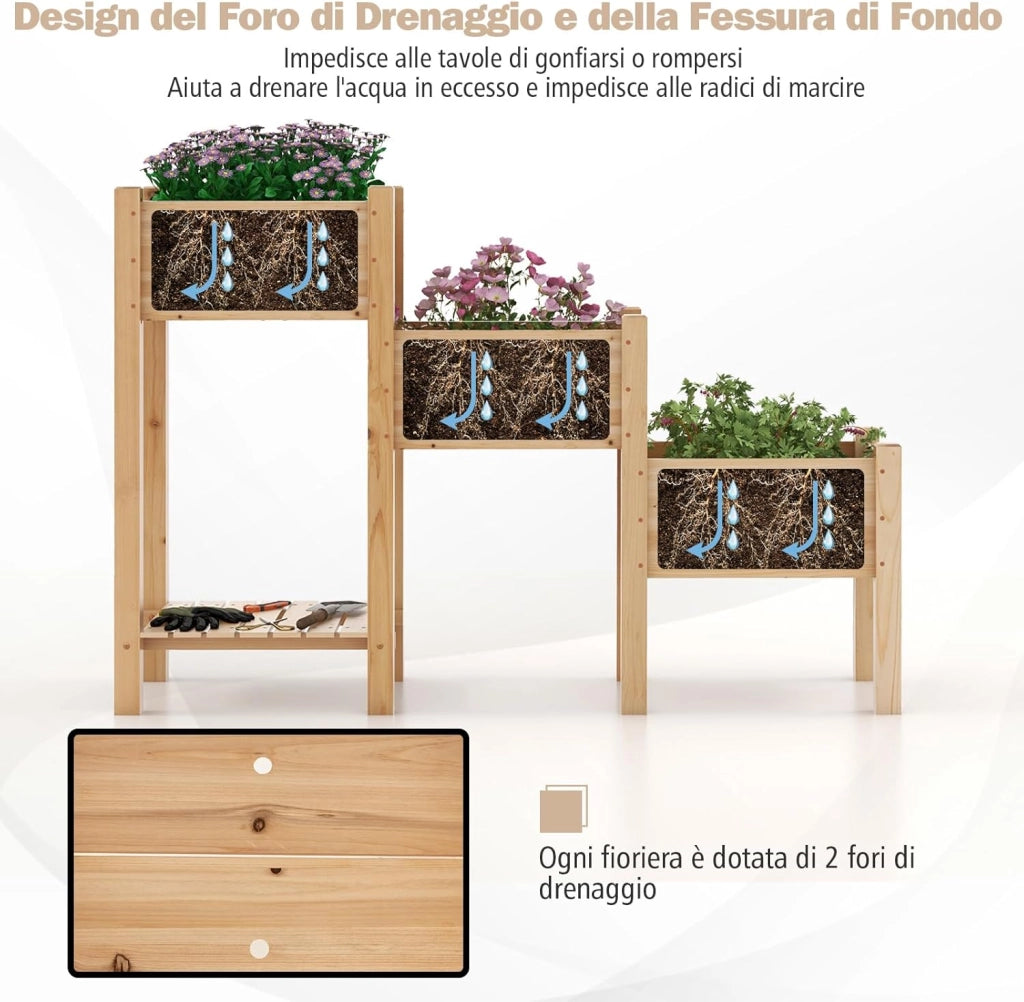 Aiuola da Giardino Rialzata a 3 Livelli in Legno con Ripiano, 3 Fioriere Rialzate, Fori di Drenaggio, Fioriera da Giardino per Frutta, Verdura, Fiore, Erba, 161 cm x 43 cm x 104 cm