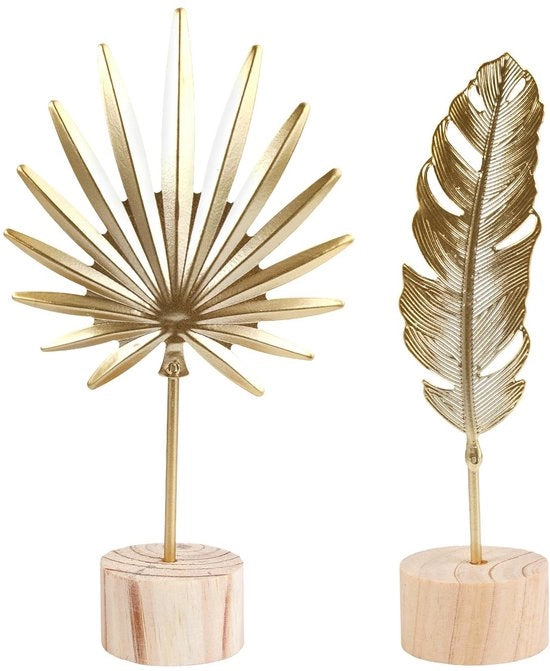 Due decorazioni standard floreali in metallo, disegno creativo a forma di foglia e ciuffo, decorazione ornamentale d'arte moderna con foglia dorata, scultura moderna con piede in legno, per uso domestico, salotto, camera da letto, ufficio