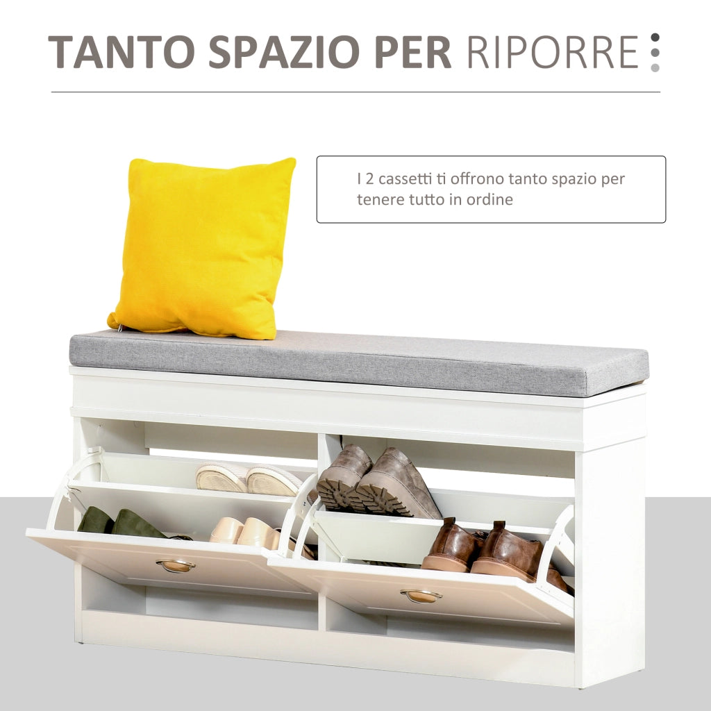 Panca Scarpiera Salvaspazio con Cuscino e 2 Cassetti ¨C Zephmum ¨C 104x24x55cm, Bianco, Legno