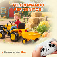 Escavatore per Bambini Elettrico 12V con Benna Rimorchio e Telecomando Età 3-8 Anni Giallo