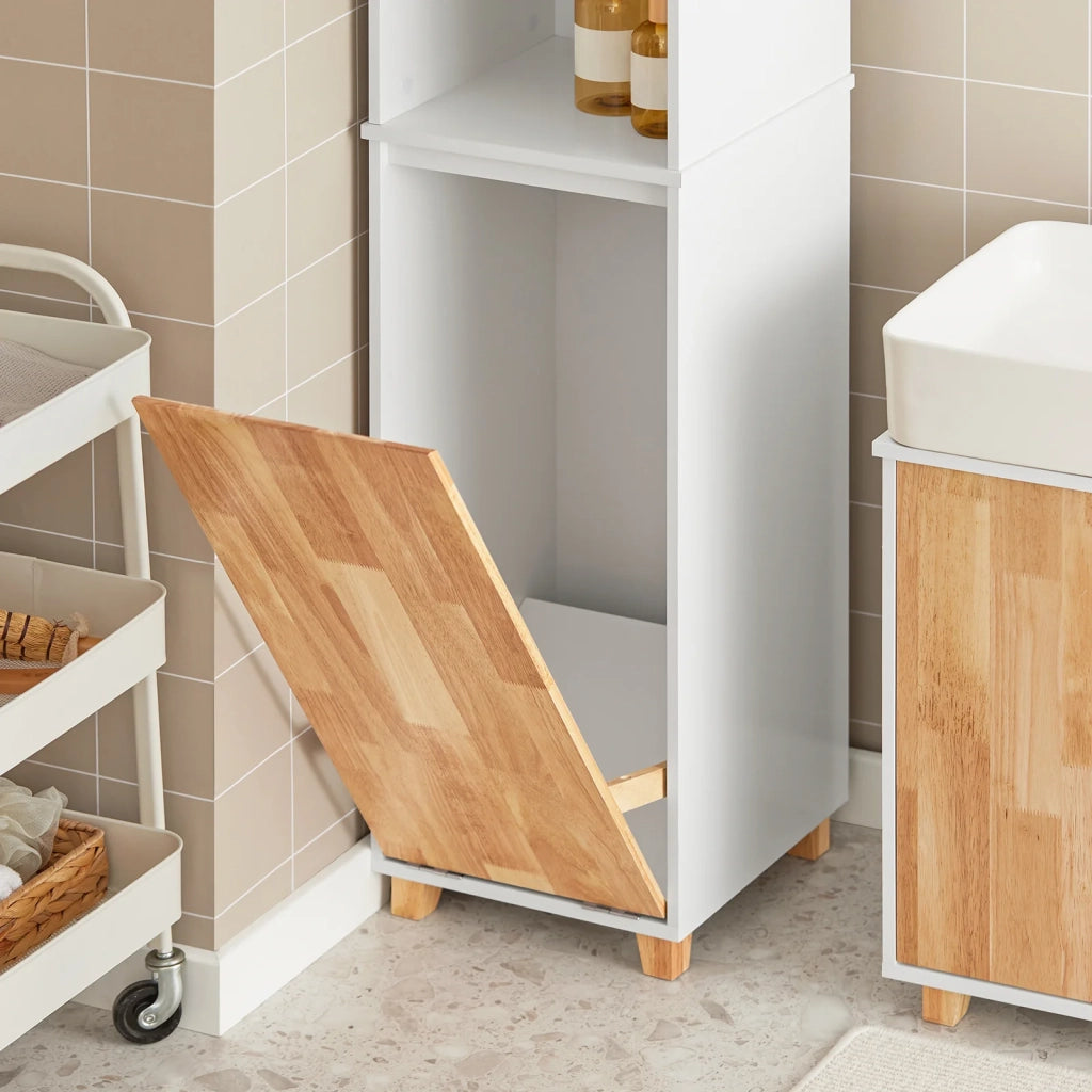 Mobile colonna bagno con portabiancheria e Mobiletto stretto salvaspazio ad anta singola. Colore Bianco-Naturale L31*A170*P32 cm BZR74-W SoBuy