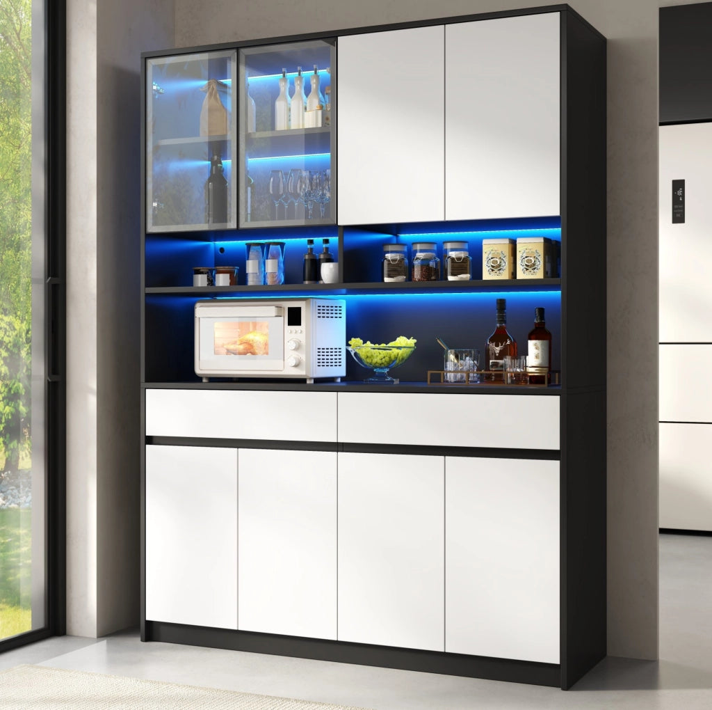 Armadio alto in MDF con 8 ante; 2 cassetti e illuminazione LED; nero e bianco