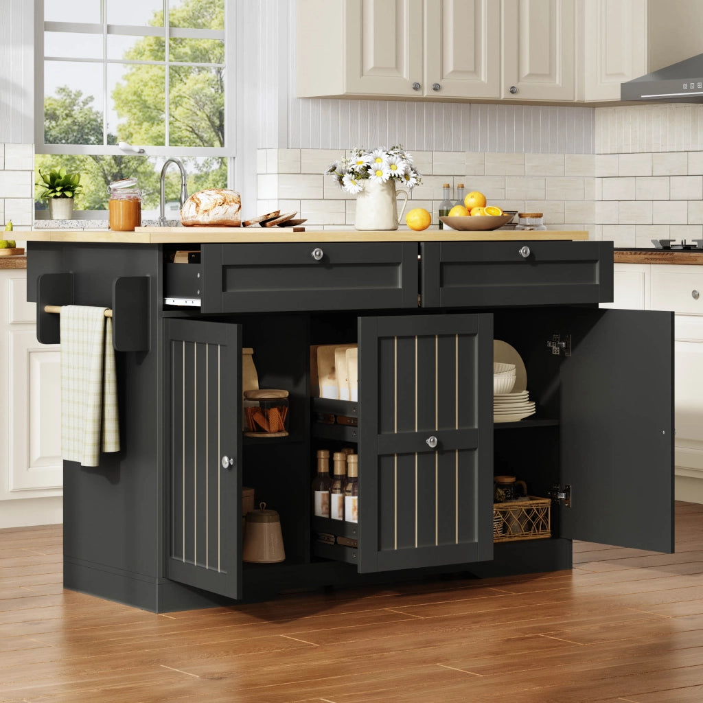 Isola cucina mobile pieghevole con piano estensibile, 2 cassetti verticali, 2 cassetti grandi e ruote frenanti