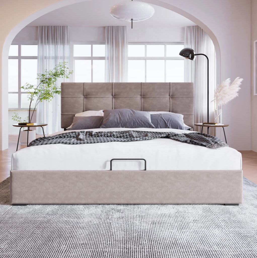 Letto matrimoniale imbottito 140x200 cm in velluto grigio chiaro con contenitore e testiera regolabile