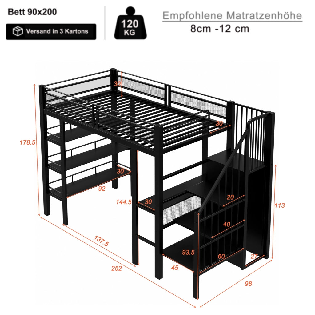 LETTO A CASTELLO 90x200 cm in metallo nero con scrivania e scaffale
