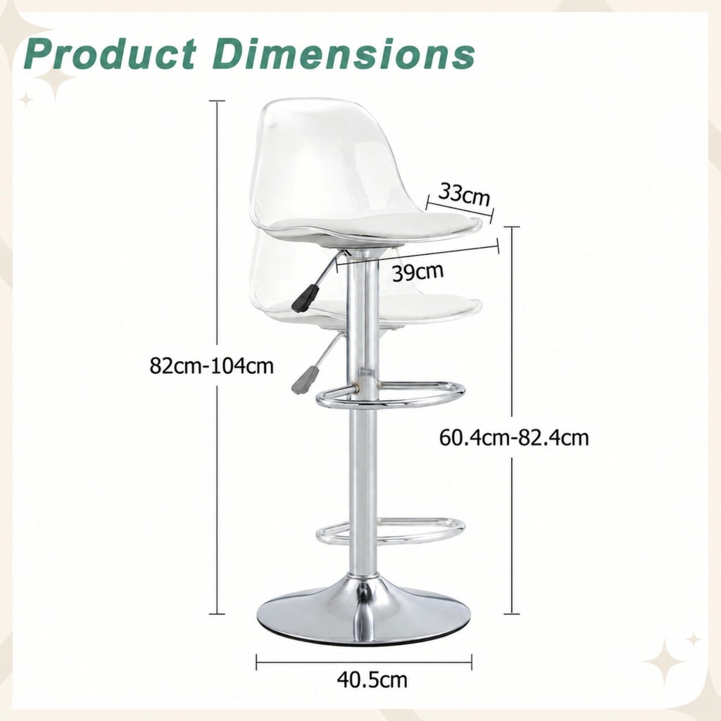 Set di 2 sgabelli da bar regolabili 82-104 cm trasparente e argento, girevoli 360°
