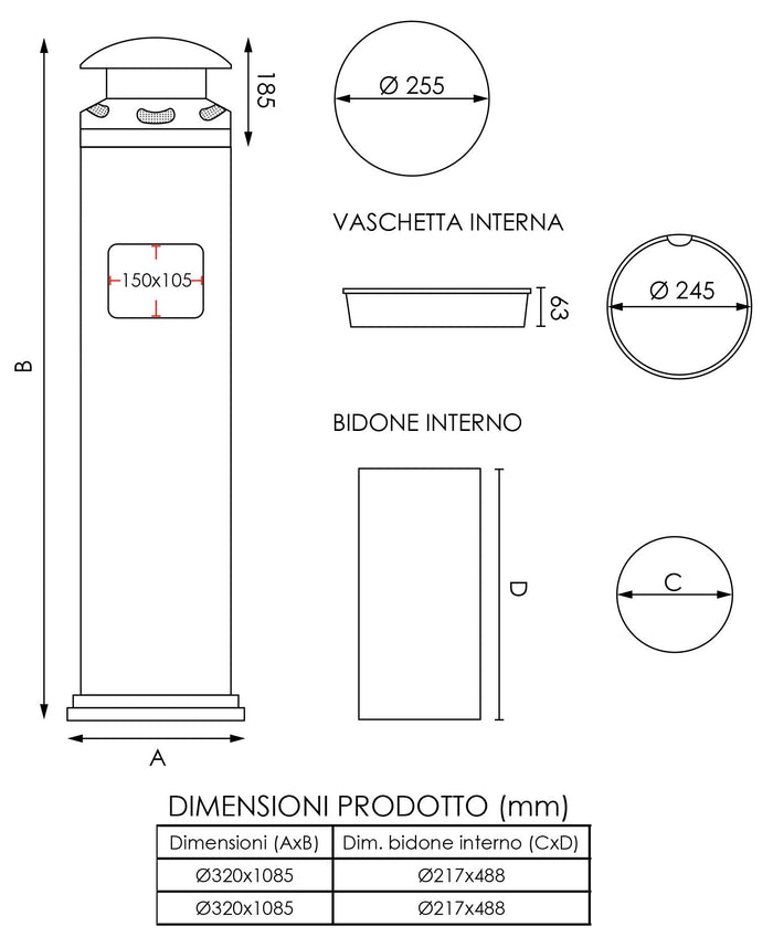 Posacenere a Colonna con Cestino Ø32 cm in Metallo Grigio Gotico 18L per Interno Esterno