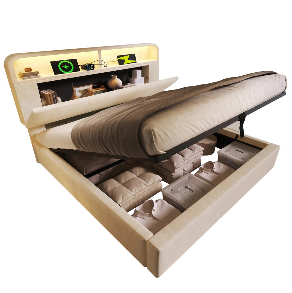 Letto imbottito 140x190 cm beige con LED, USB/Type-C e contenitore