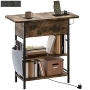 Tavolino Comodino con Striscia Presa, 2 Ripiani, Porte USB Spazio di Stoccaggio 60 x 29,8 x 58,5 cm Marrone Rustico