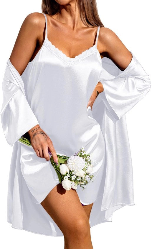 Set di Camicia da Notte a Due Pezzi con Negligé da Sposa in Satin Bianco XL