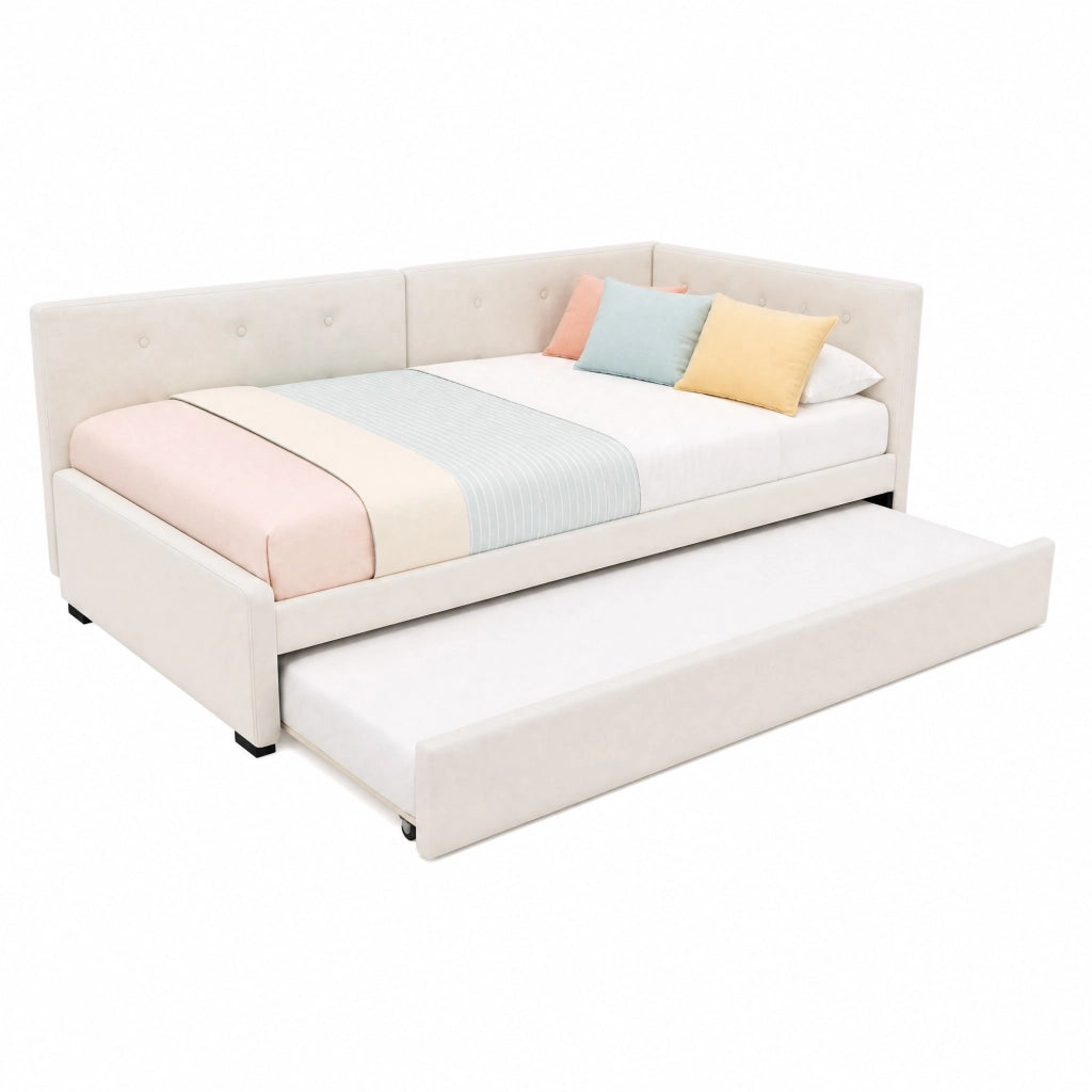 Letto singolo imbottito 90x200 cm con rollbed estraibile; velluto beige