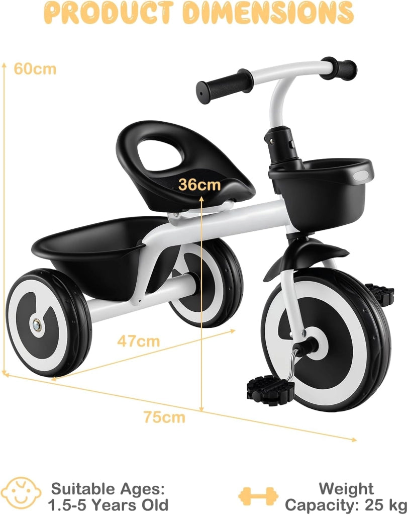 Triciclo Bambino 1-5 Anni, Triciclo Evolutivo con Sedile Comodo Regolabile in 2 Posizioni, Struttura a Triangolo Stabile, 2 Cestini di Stoccaggio, Ruote Antiscivolo, Carico 25 KG (Bianco)