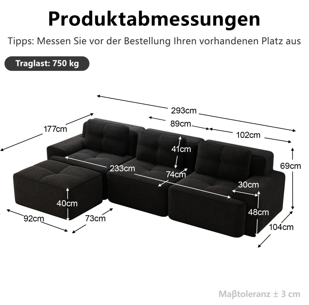 Divano modulare 3 posti con ottoman in corduroy nero; design senza struttura e seduta profonda