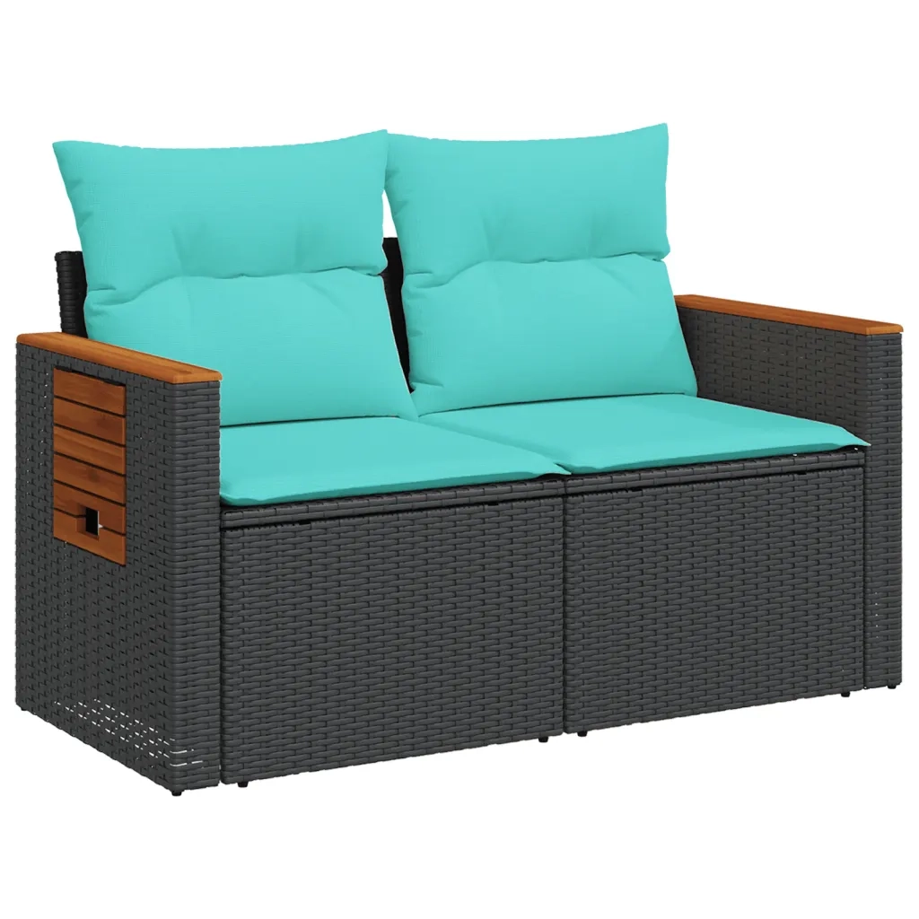 Divano da giardino con cuscini 2 posti nero in polyrattan