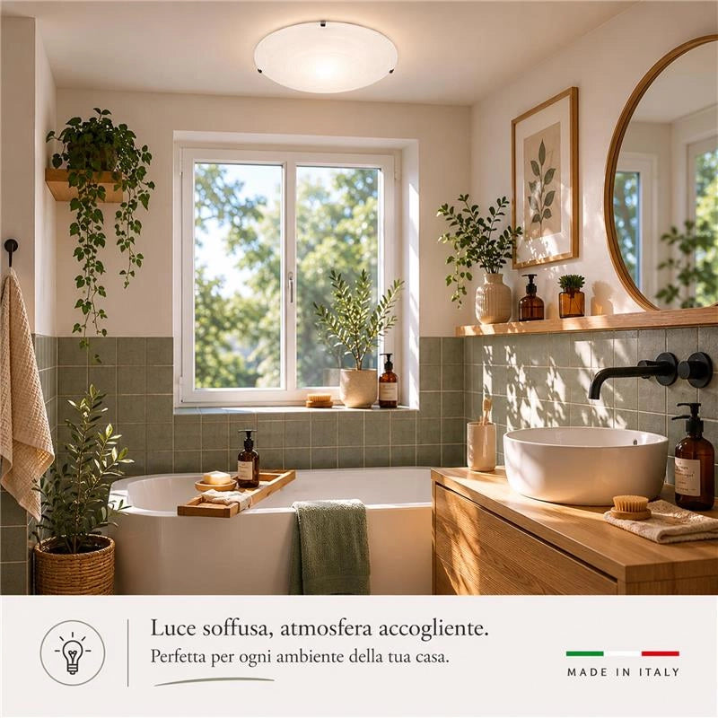 PLAFONIERA GISELLA 1XE27 GANCI CROMO VETRO LASTRA BIANCO DECORATO SPIRALE Ø30-P.10 CM