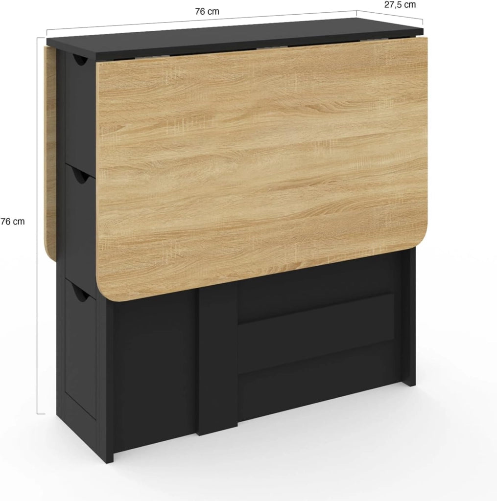 EDI Consolle pieghevole per 2-4 persone con 3 cassetti neri, piano effetto faggio 103 x 76 cm