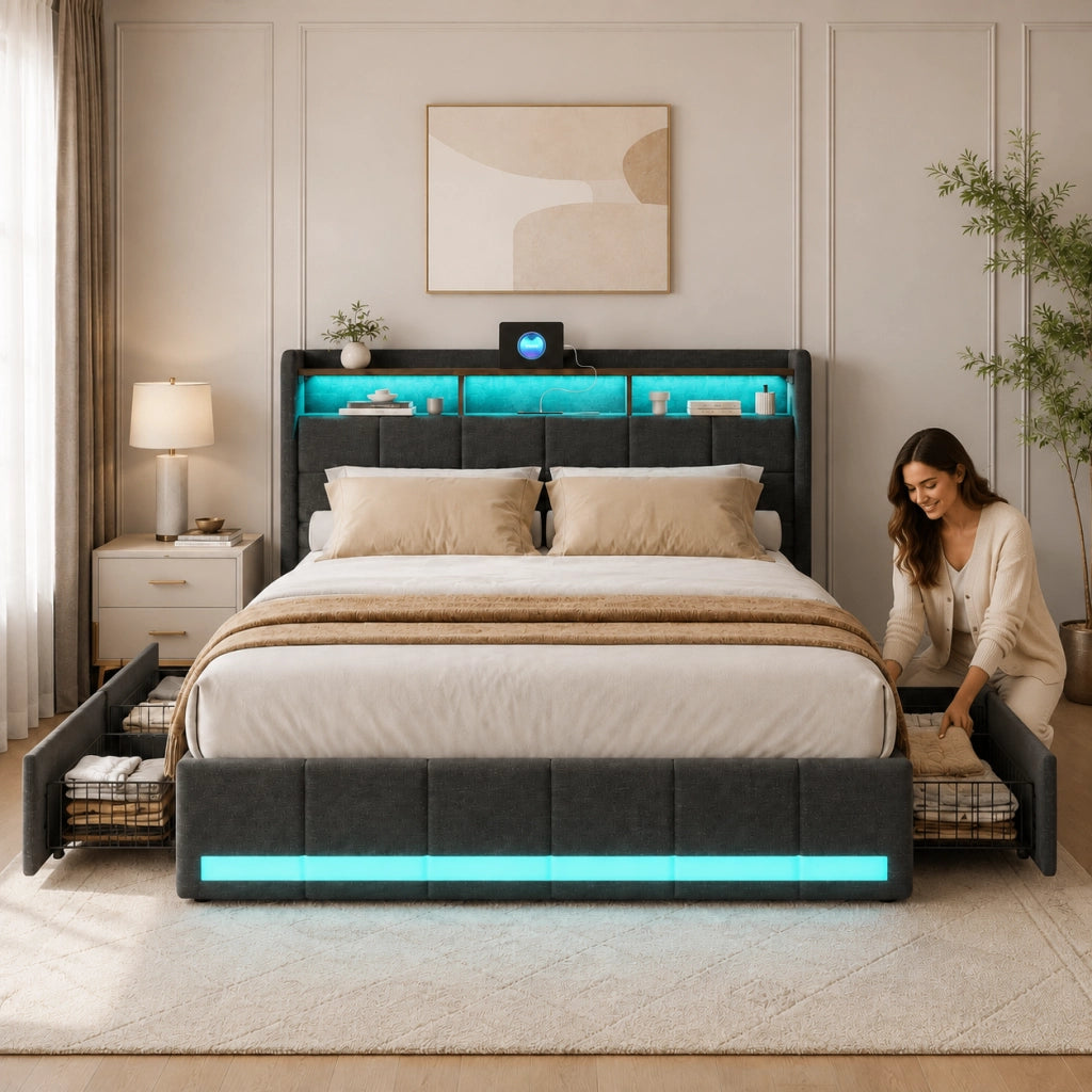 Letto matrimoniale 160x200 cm tessuto grigio, testiera contenitore con ricarica USB e USB-C, LED RGB APP telecomando, 4 cassetti estraibili