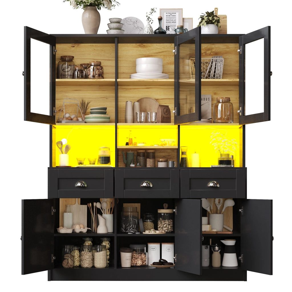 Buffet Cucina con Vetrina e LED ¨C MINIMAL ¨C Bianco/Nero, Ripiani Regolabili, 140x40x175