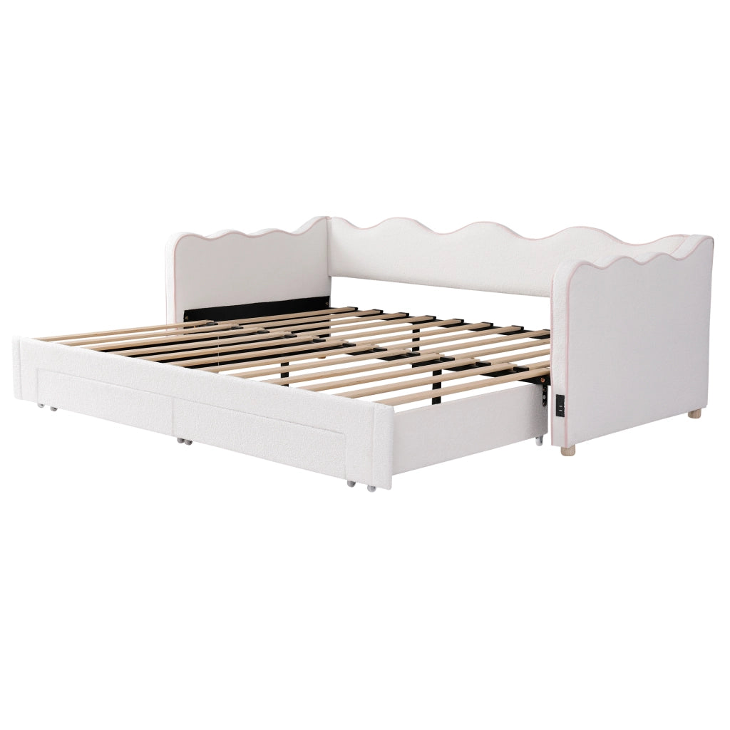 Letto daybed estraibile con cassetti, USB e Type-C, bouclé beige, 90x200 cm