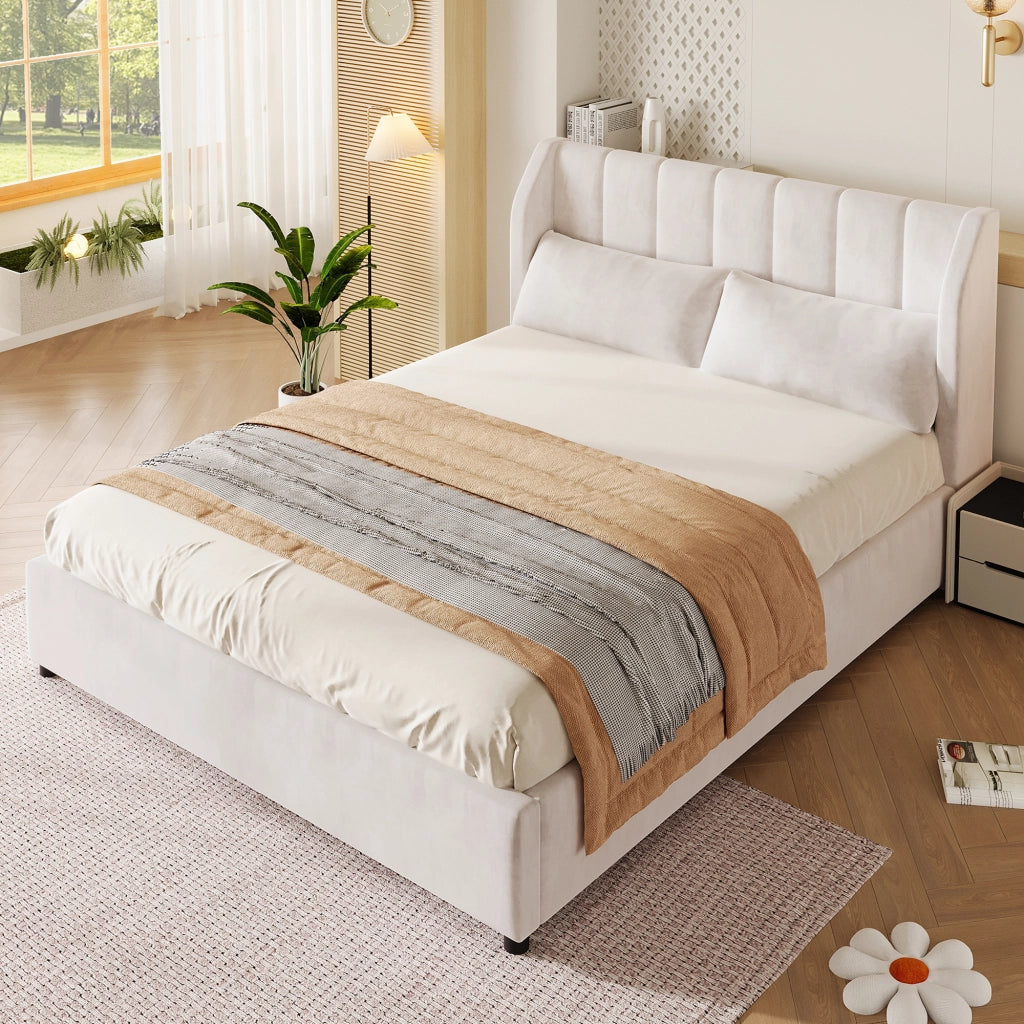 Letto Matrimoniale 140 x 200 cm con rete a doghe; testiera imbottita e 2 cuscini Beige