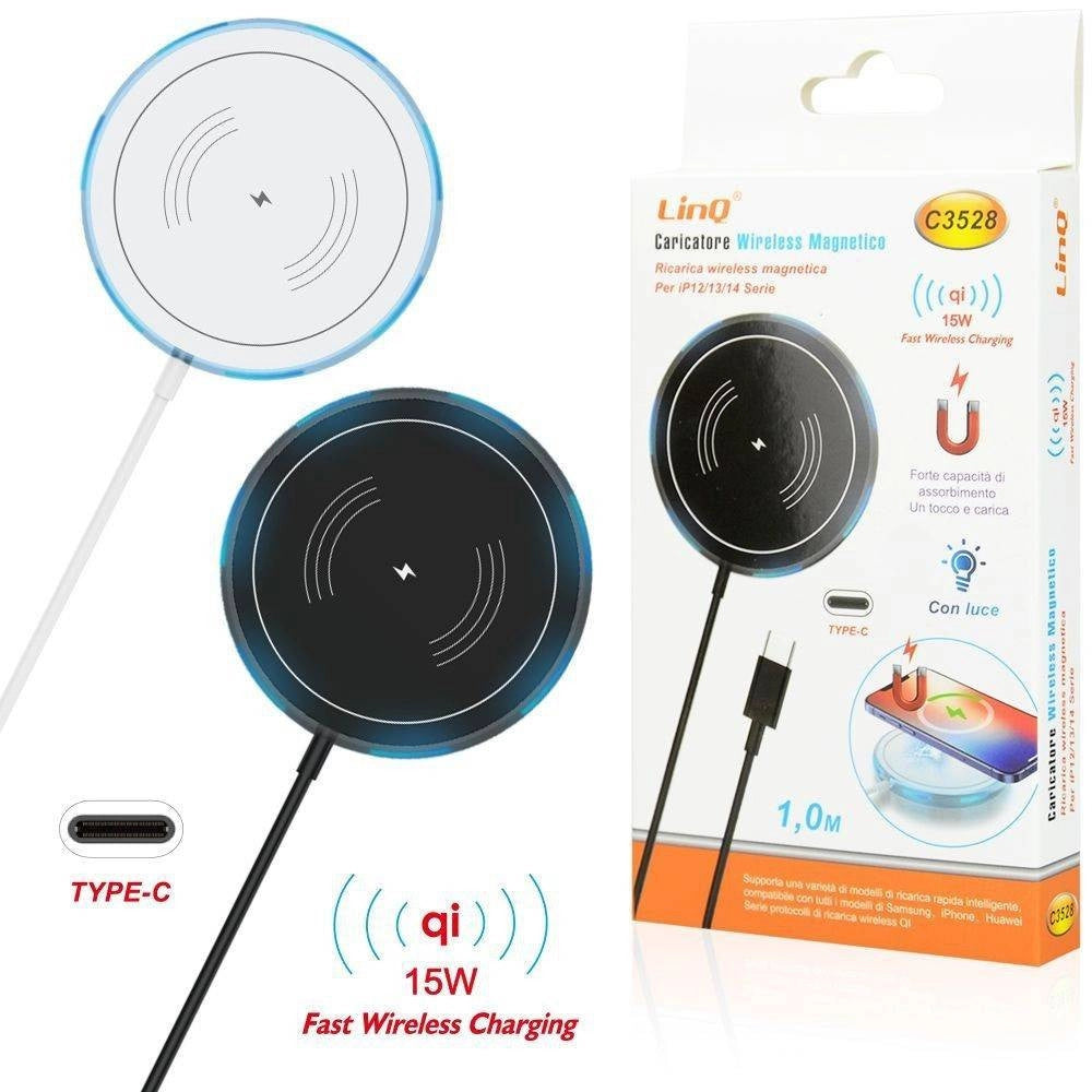 Trade Shop - Caricabatterie Ad Induzione Wireless Magnetico 15w Qi Smartphone Con Luce C3528 -