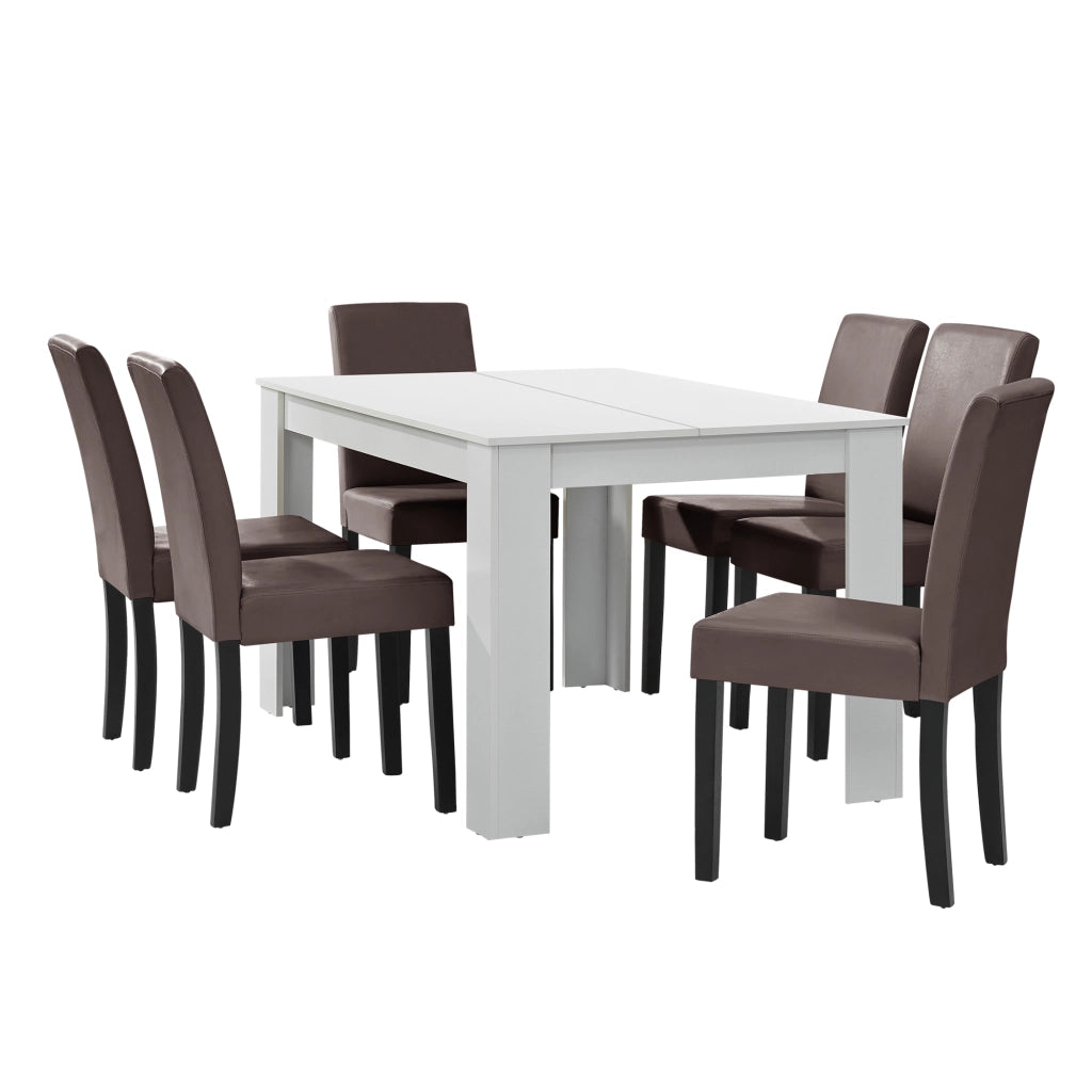Set Pranzo con Tavolo 140x90 cm e 6 Sedie in Similpelle - Bianco / Marrone [en.casa]
