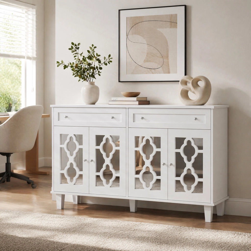 Credenza con quattro ante a specchio, due cassetti e ripiano regolabile in MDF bianco per soggiorno 140 × 40 × 83 cm