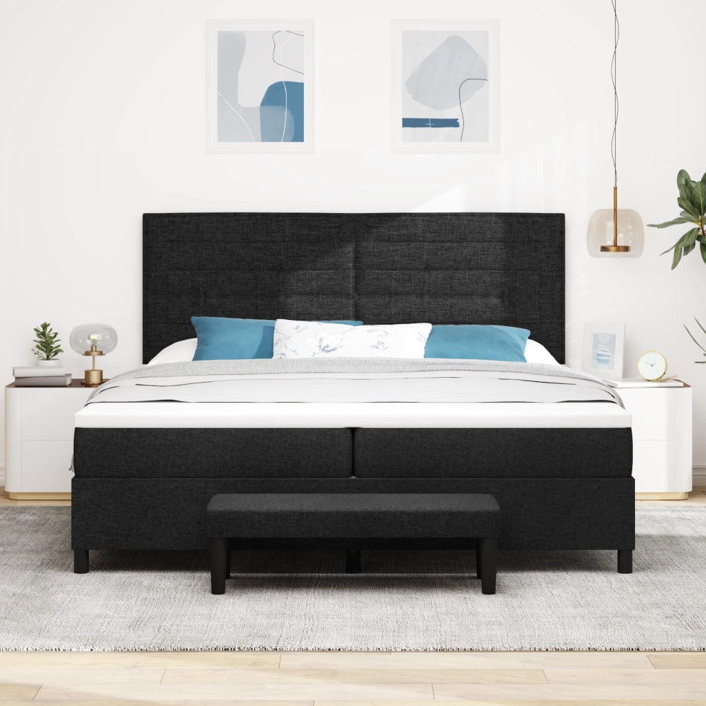 Letto con Box Spring con Materasso & Panca Nera 200x200 cm Tessuto