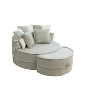Poltrona rotonda verde in chenille con 5 cuscini e pouf, per soggiorno e camera da letto
