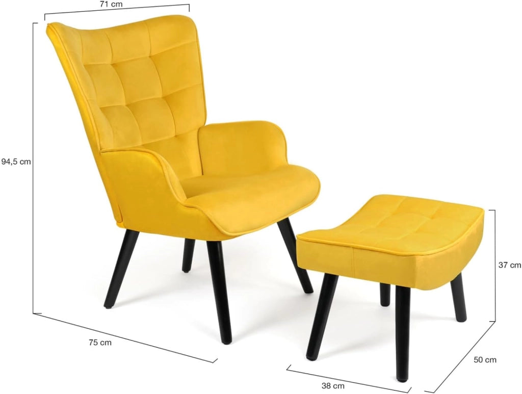 ANIA Poltrona scandinava con poggiapiedi in velluto giallo
