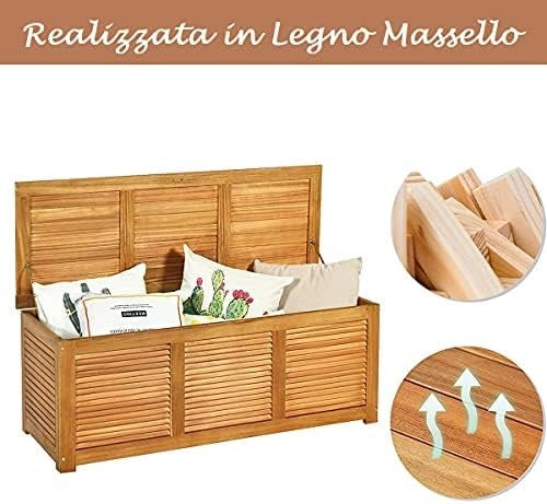 Cassapanca Baule Legno da Giardino, Cassapanca Contenitore con Coperchio, Multibox Utilizzabile all’Interno e all‘Esterno, Portata di 160 kg, 120x45x45 cm