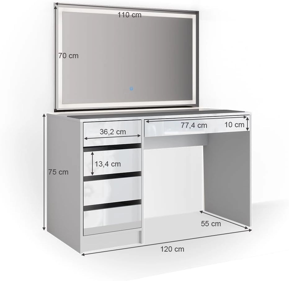 Tavolo da toeletta Sherry, Bianco, 120 cm con illuminazione a LED, con illuminazione LED e grande specchio rettangolare