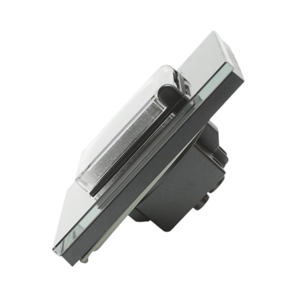 Presa schuko nera 220V, 16A, coperchio trasparente, cornice in vetro 86x86x34mm