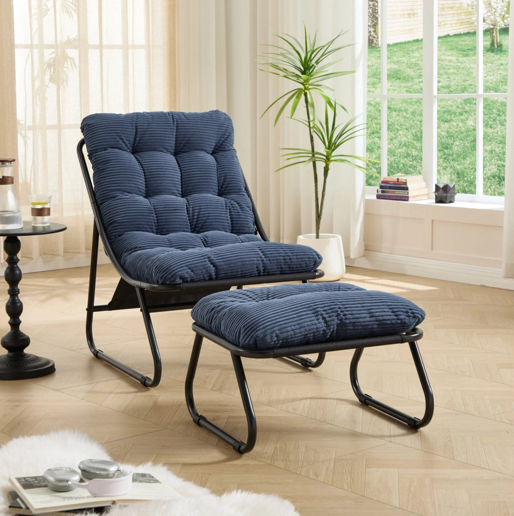 Poltrona lounge da esterno con pouf 65x78x86 cm acciaio nero e blu notte