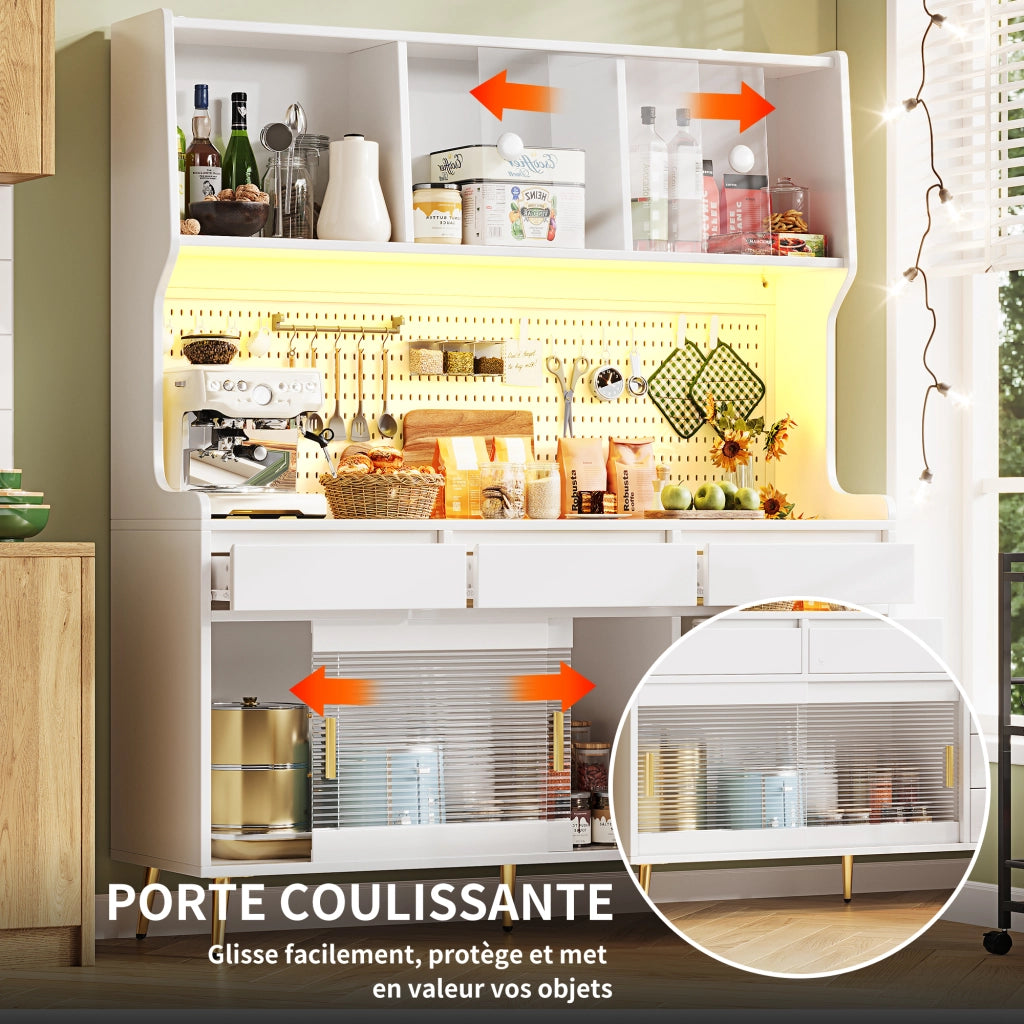 Credenza Alta con Ante Scorrevoli e LED con controllo da applicazione; in MDF e Vetro; 145 x 39 x 171 cm; Bianco
